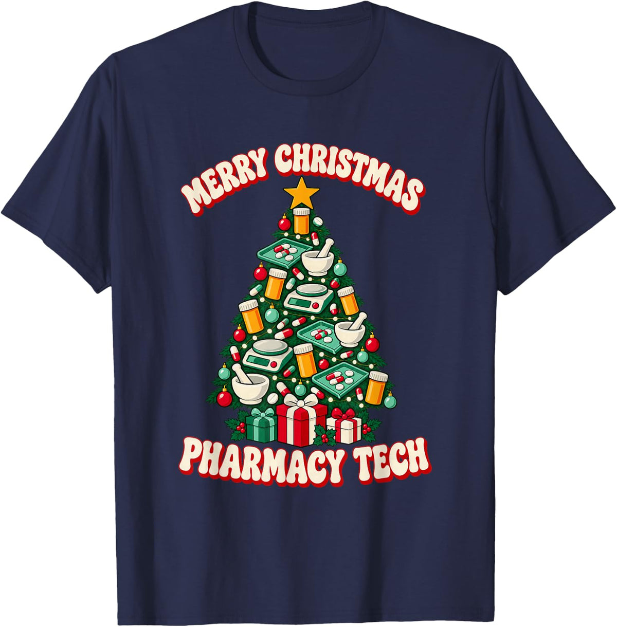 Christmas Pharmacy Tech Christmas Tree T-Shirt - Navy Blue