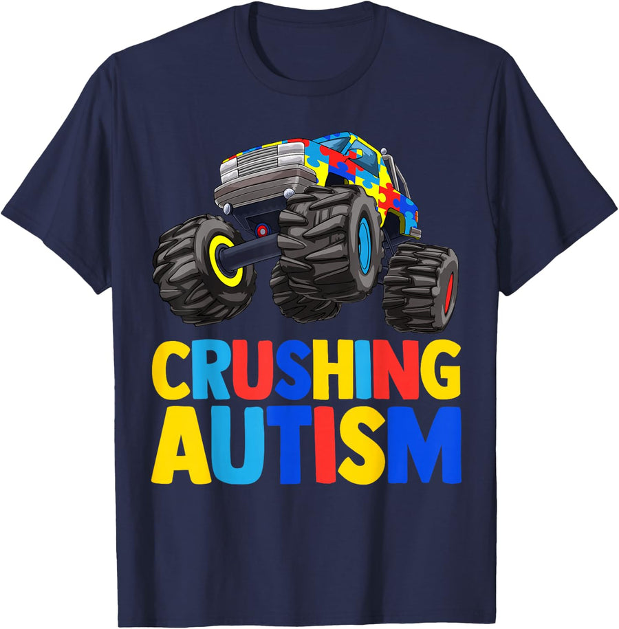 Monster Truck Crushing Austim Shirt Autism Awareness T-Shirt - Navy Blue