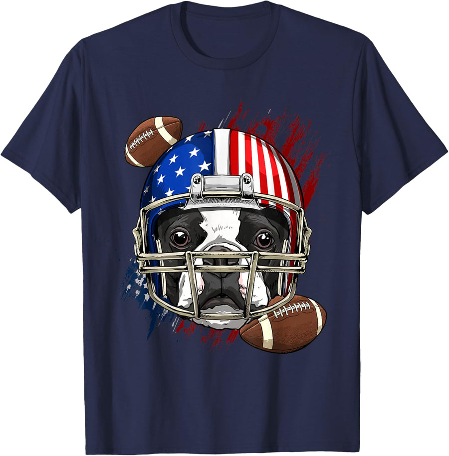 Boston Terrier American Football Dog Lovers USA Flag T-Shirt - Navy Blue