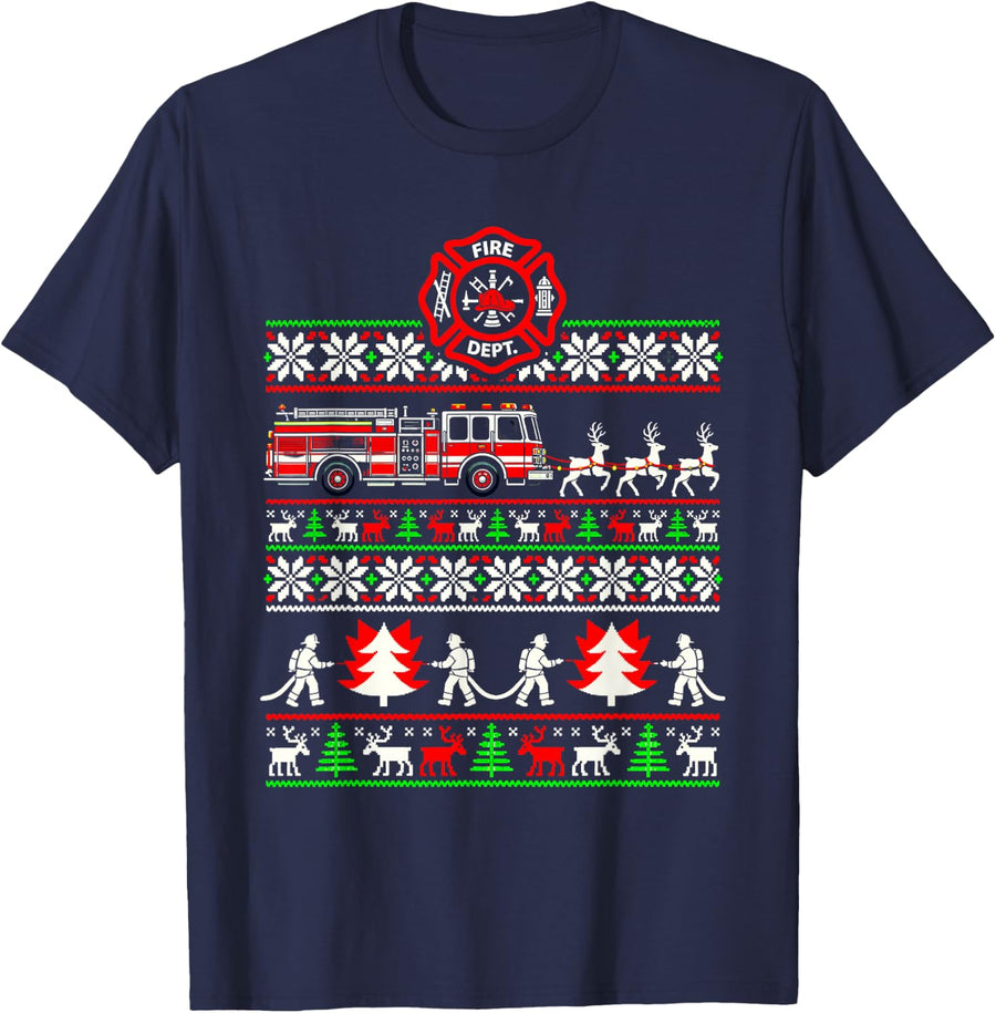Firefighter Ugly Christmas Sweater Ladder Truck Xmas Sleigh T-Shirt - Navy Blue