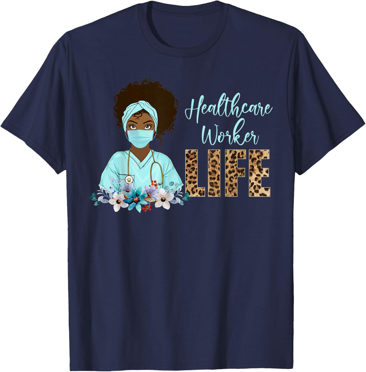 Proud Black Healthcare Worker Melanin Leopard Nurses Week T-Shirt - Navy Blue