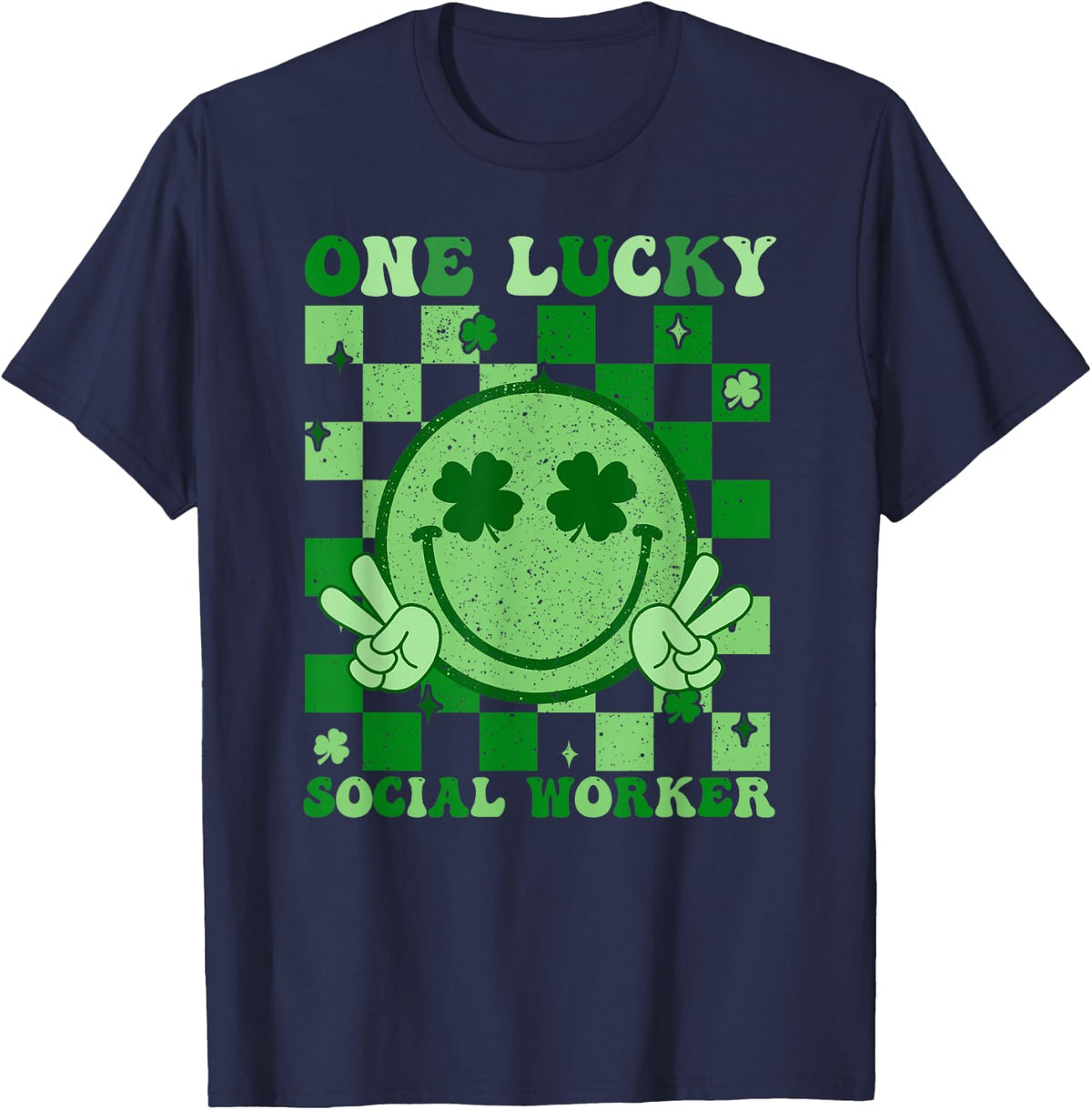 One Lucky Social Worker Groovy St Patricks Day Social Worker T-Shirt - Navy Blue