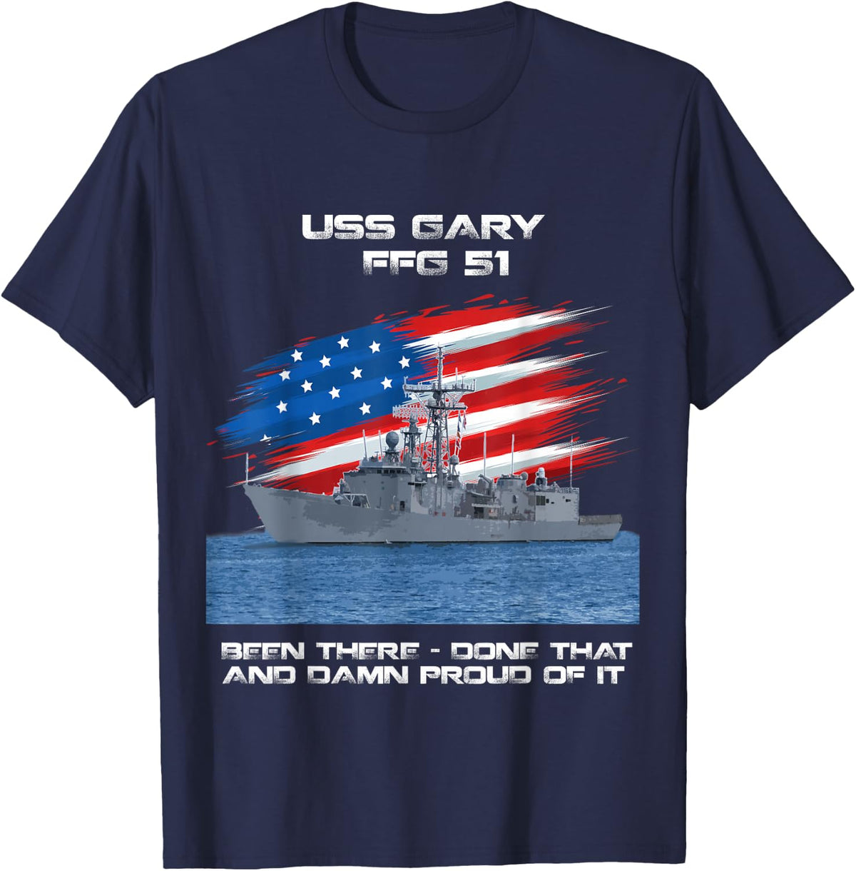 USS Gary FFG-51 Class Frigate American Flag Veteran T-Shirt - Navy Blue