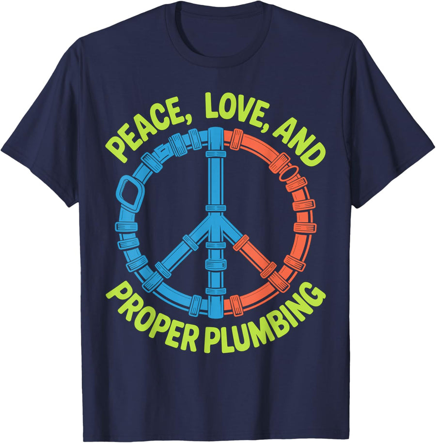 Peace Love Proper Plumbing Retro Peace Sign Design T-Shirt - Navy Blue