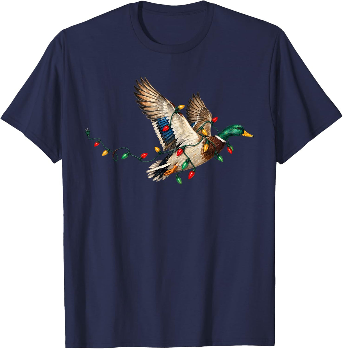 Flying Mallard Duck Santa Hat Christmas Lights Wildlife T-Shirt - Navy Blue