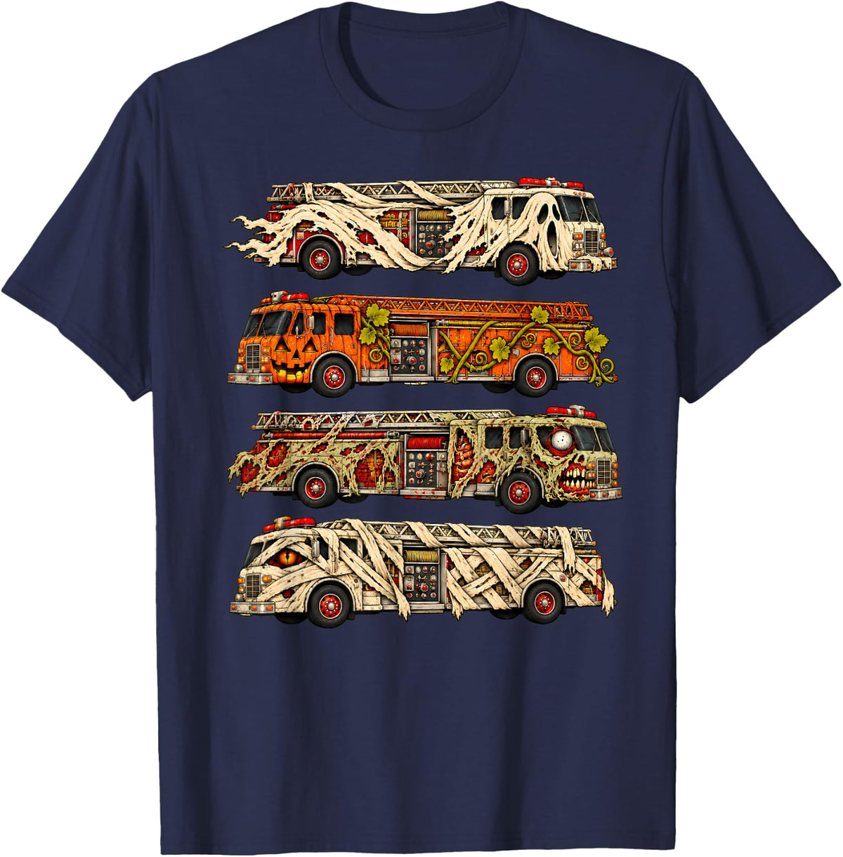Halloween Firefighter Fire Truck Ghost Pumpkin Zombie Mummy T-Shirt - Navy Blue