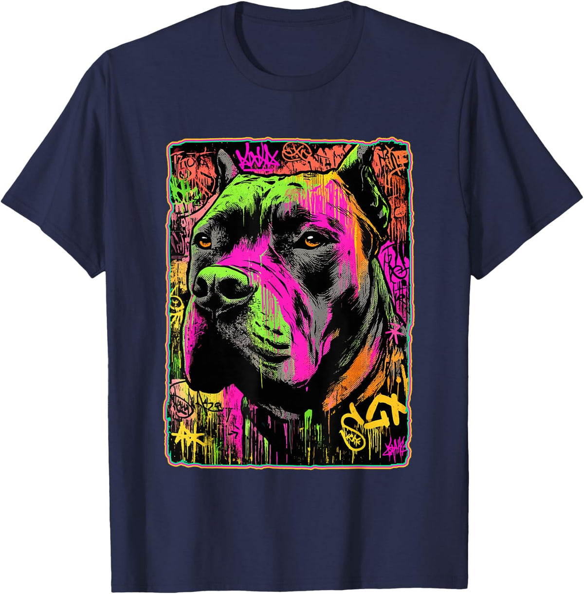 Colorful Cane Corso Graffiti Guardian Dog Street Art Graphic T-Shirt - Navy Blue