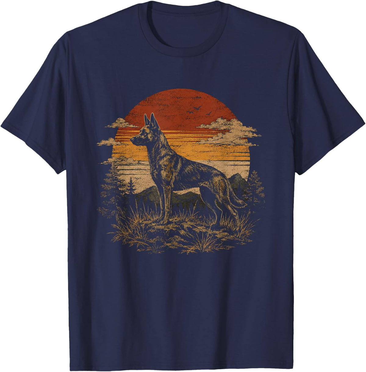 Retro Dutch Shepherd Artwork Design T-Shirt - Navy Blue
