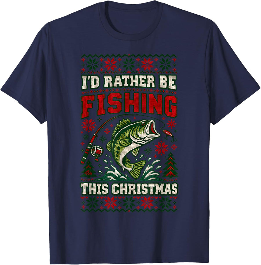 I'd Rather Be Fishing This Christmas Bass Fishing Christmas T-Shirt - Navy Blue