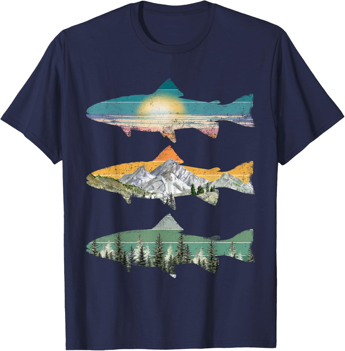 Trout Fly Fishing Graphic Tees Fisherman Outdoor Nature Mens T-Shirt - Navy Blue