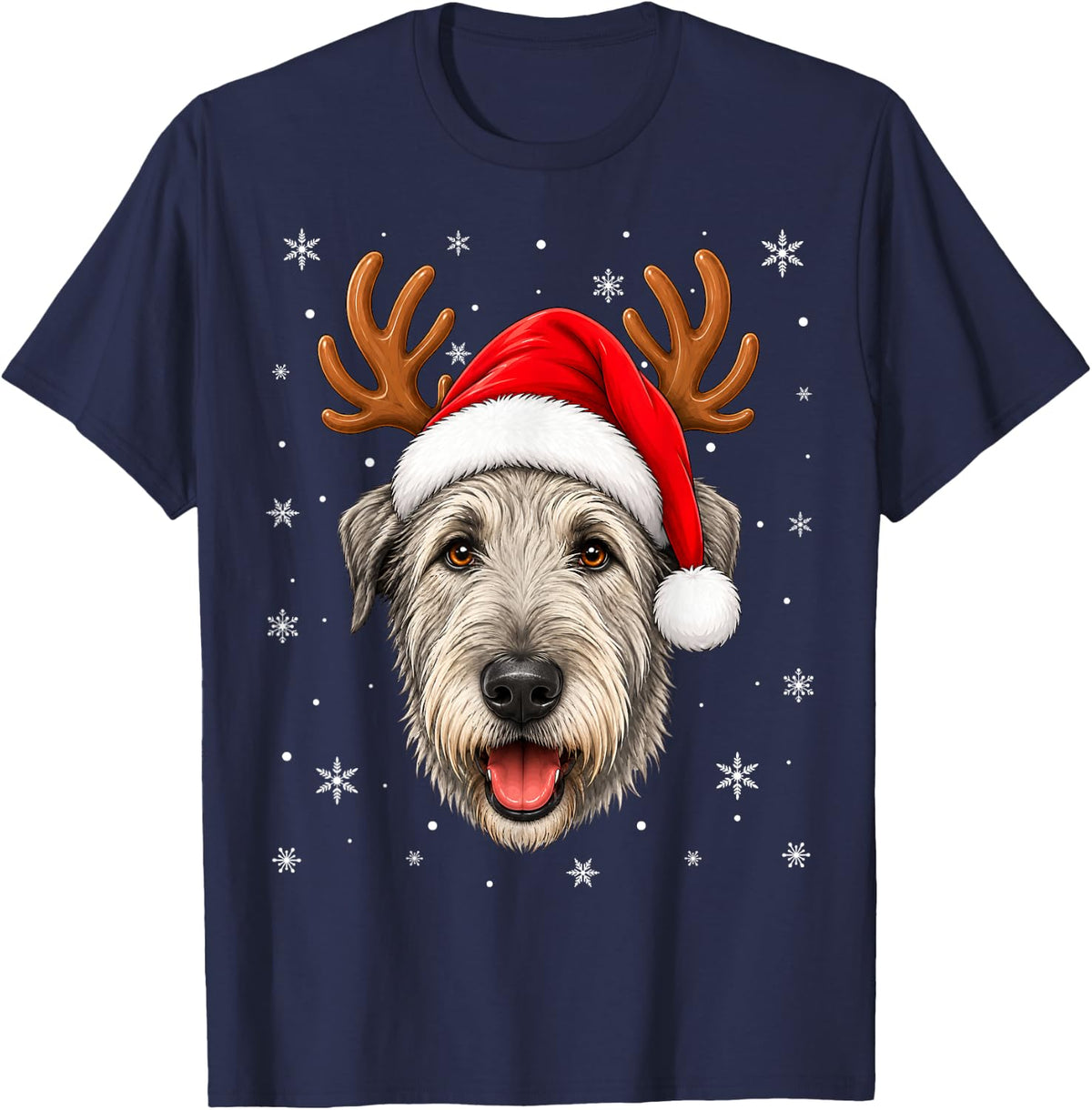 Cute Reindeer Horn Santa Irish Wolfhound Dog Christmas T-Shirt - Navy Blue