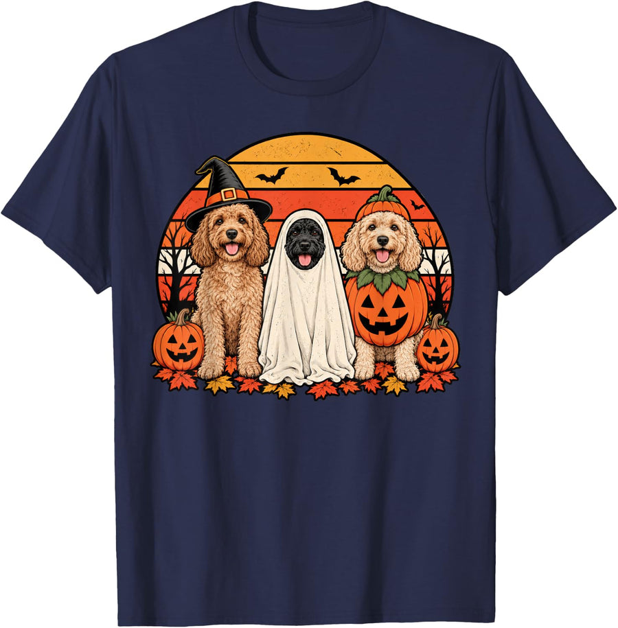 Spooky Cockapoo Pumpkin Ghost Halloween Doodle Dog Lover T-Shirt - Navy Blue