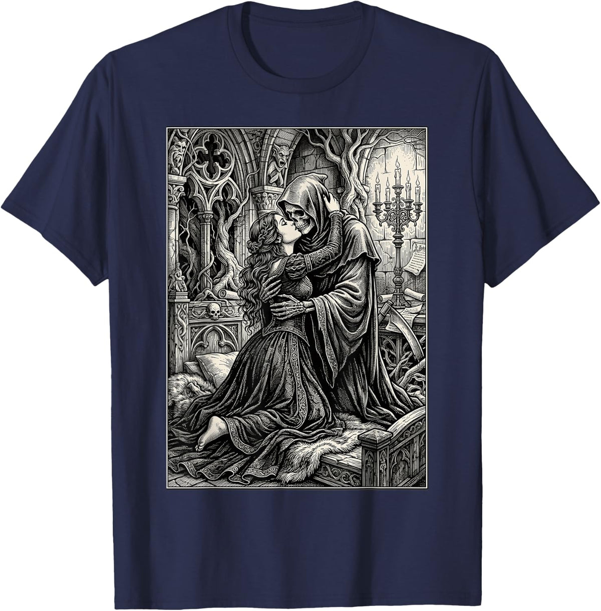 Gothic Macabre Romance Death and Maiden Engraving T-Shirt - Navy Blue