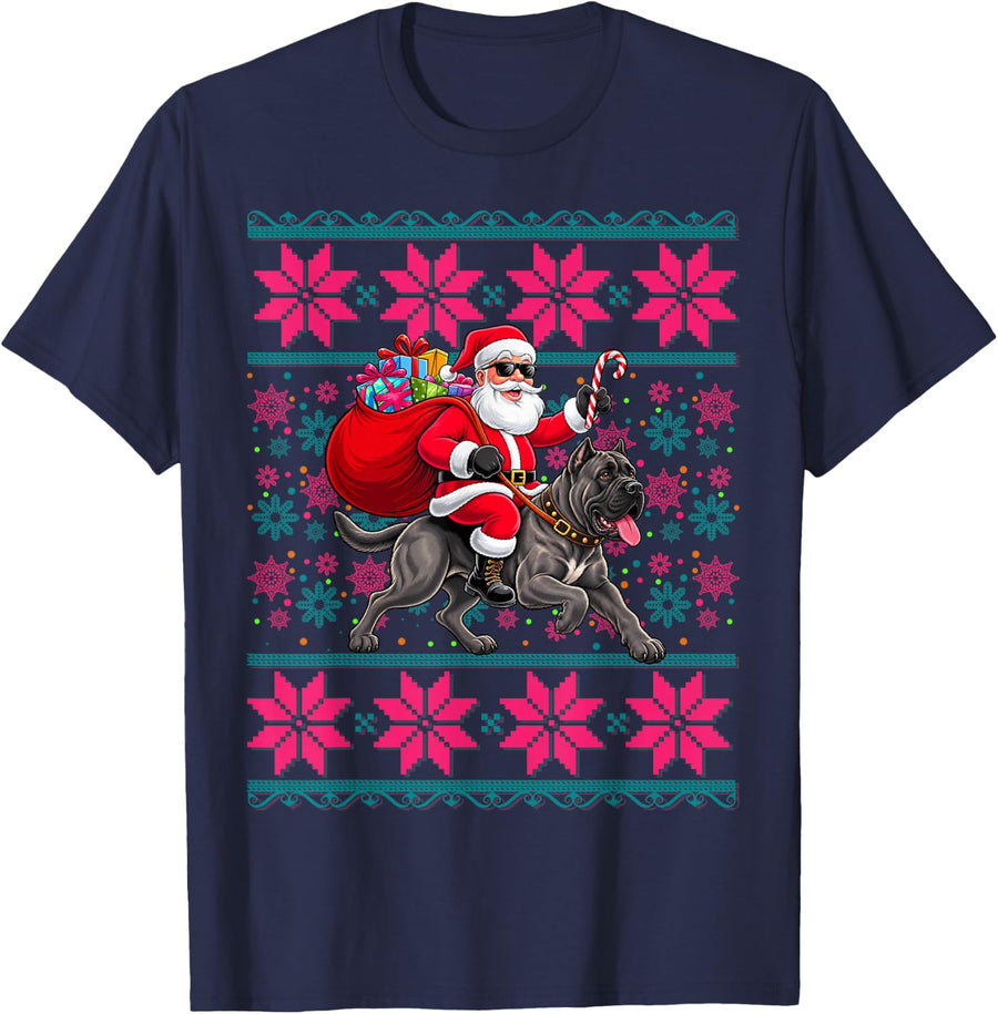 Ugly Christmas Women Girls Santa Riding Cane Corso Dog Xmas T-Shirt - Navy Blue