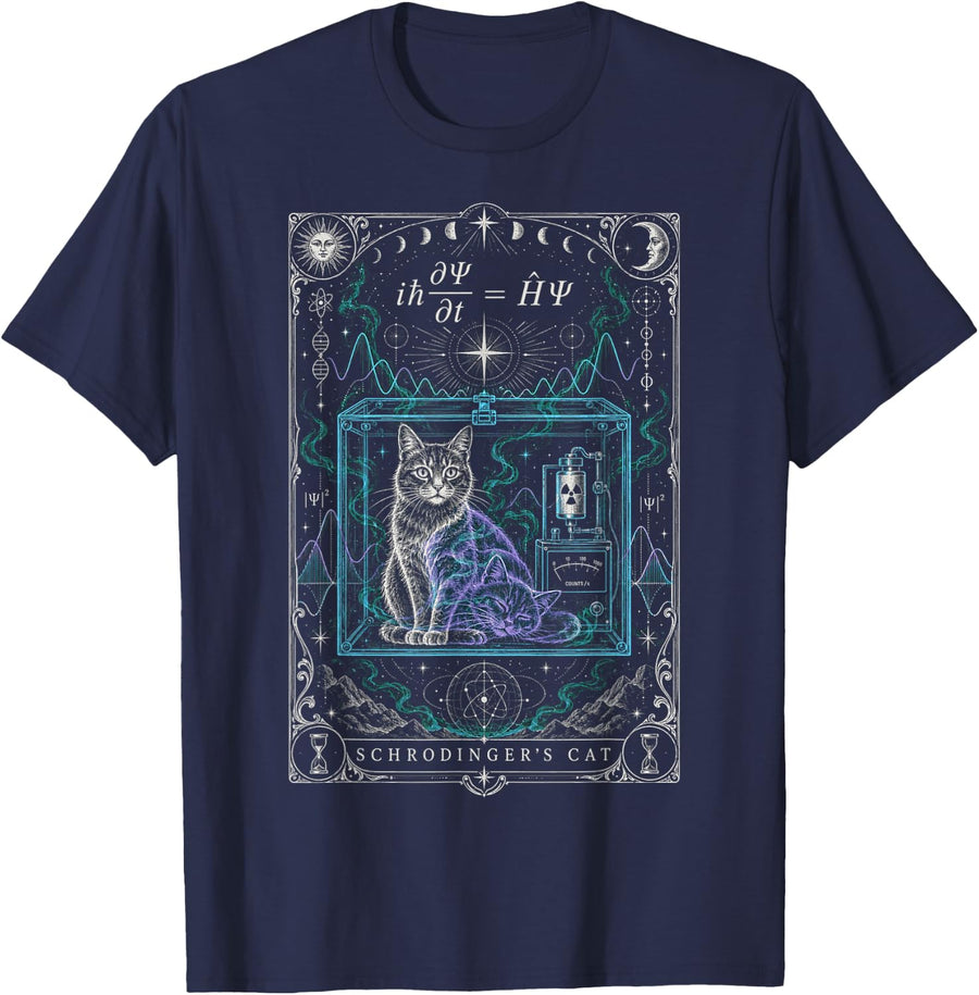 Physics Schrodinger's Cat Quantum Wave Equation Science T-Shirt - Navy Blue