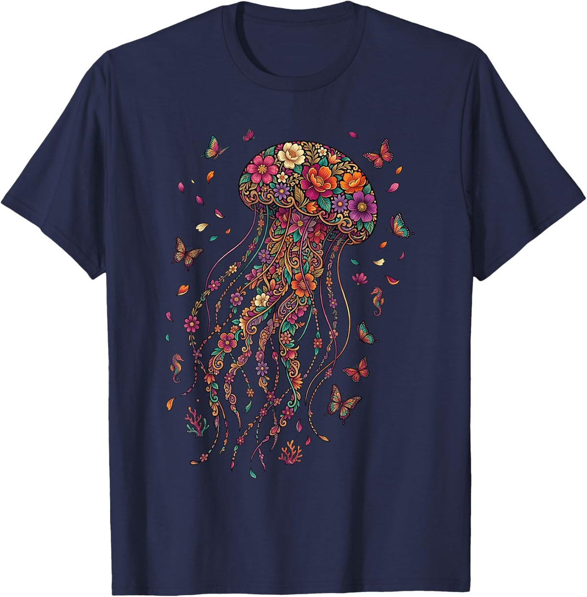 Jellyfish Colorful Floral Butterfly Flowers Botanical T-Shirt - Navy Blue