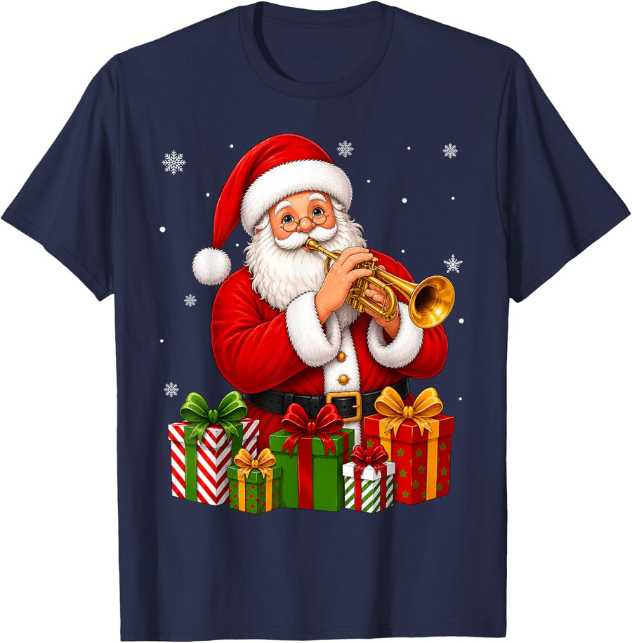 Jolly Santa Playing Trumpet Jazz Music Christmas T-Shirt - Navy Blue