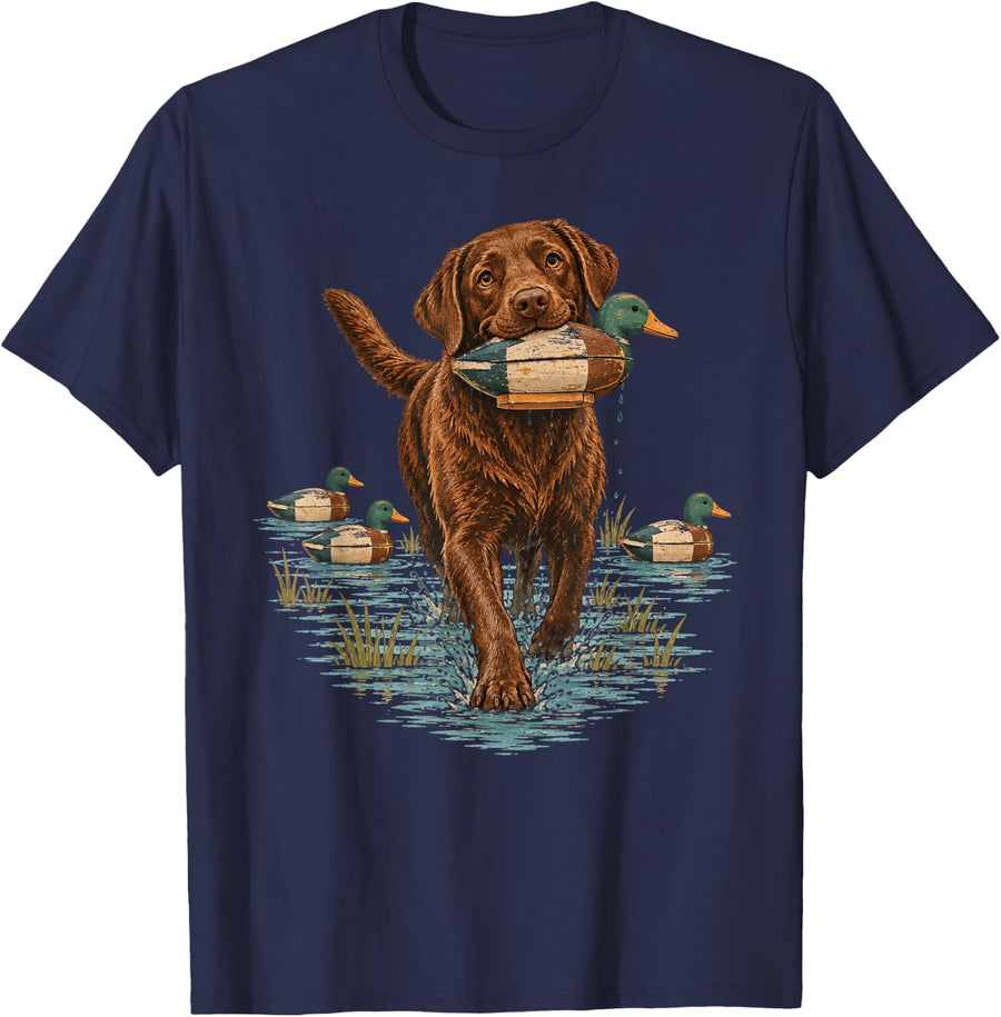 Vintage Chocolate Lab Duck Hunting Dog Art T-Shirt - Navy Blue