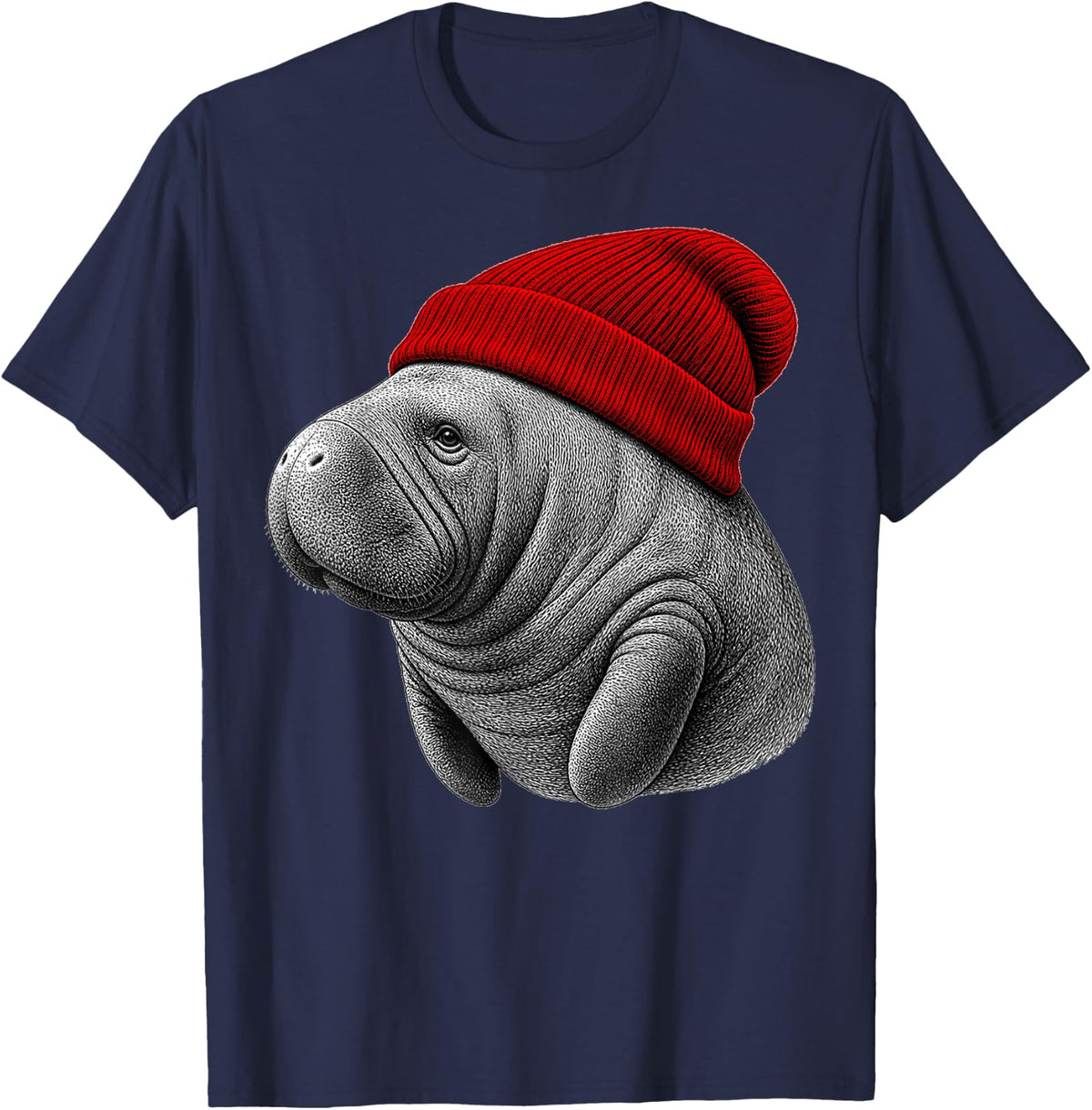 Manatee Wearing Beanie Funny Chill Animal Lover T-Shirt - Navy Blue