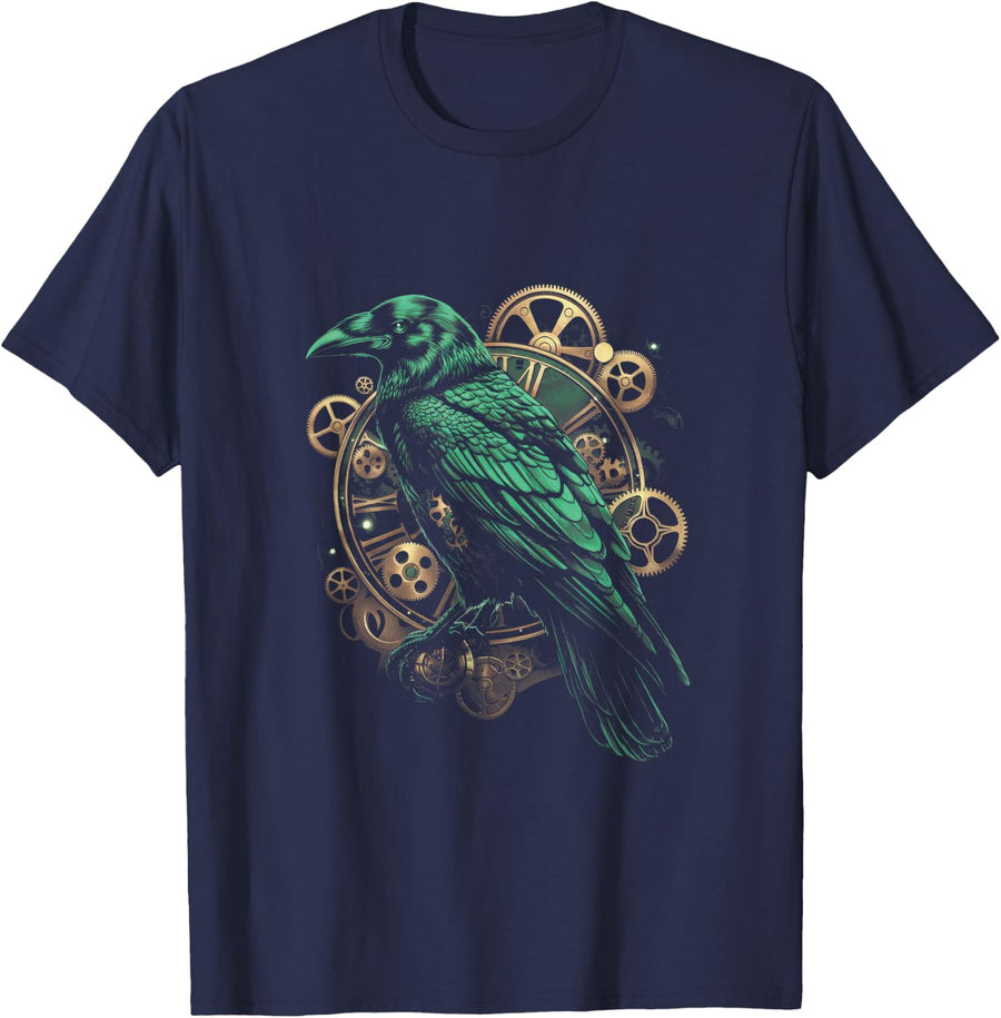 Crow Steampunk Gears Raven art Steampunk bird T-Shirt - Navy Blue