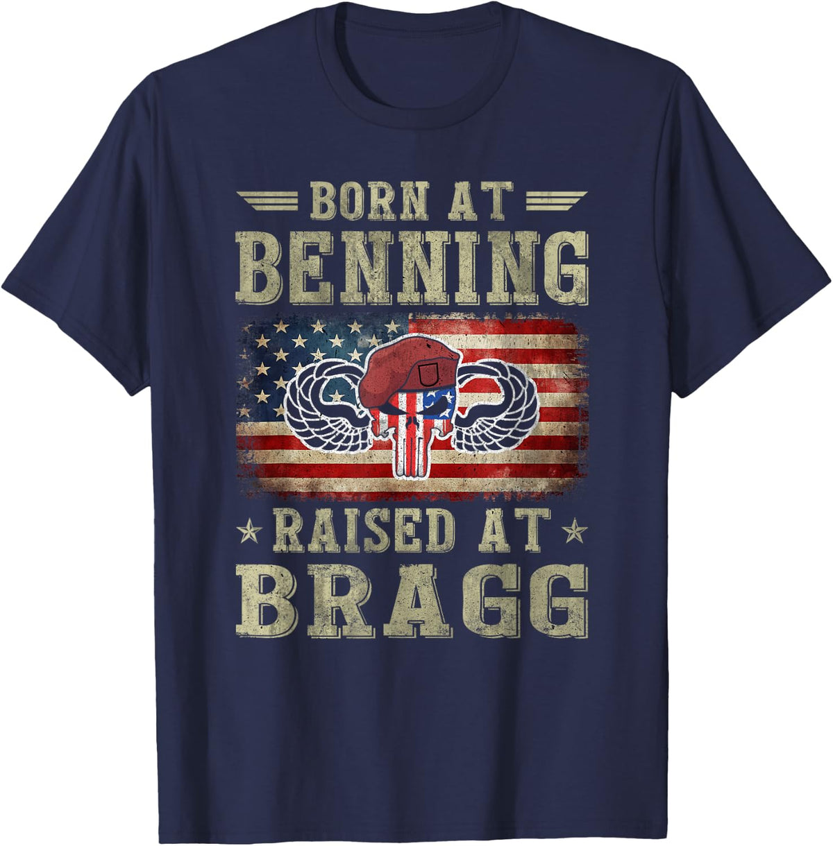 Born At Ft Benning Raised Fort Bragg Airborne Veterans Day T-Shirt - Navy Blue