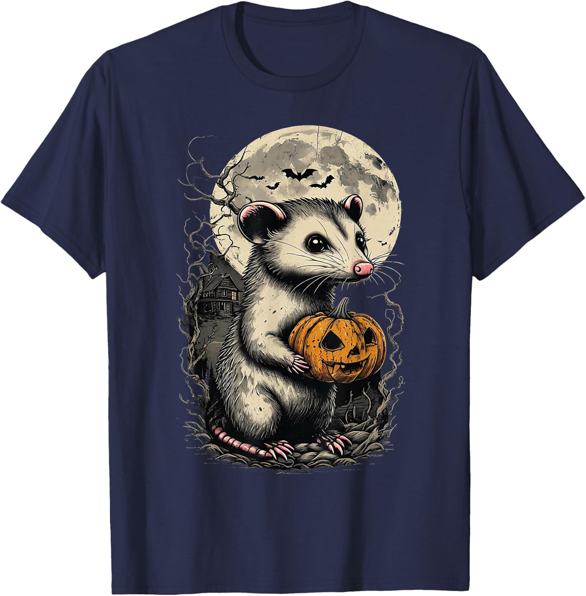 Funny Opossum Pumpkin Spooky Moon Cute Opossum Halloween T-Shirt - Navy Blue