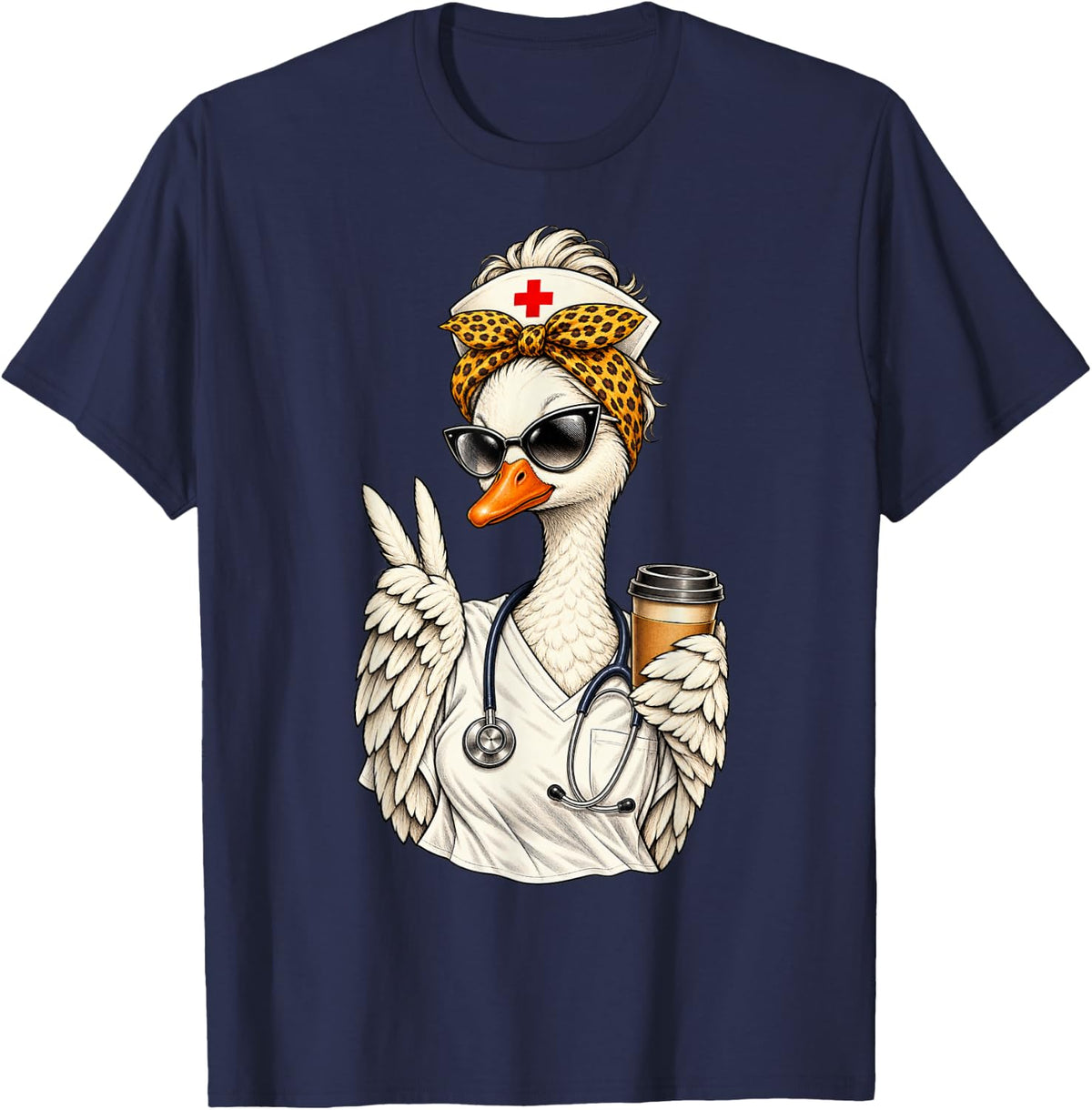 Goose Nurse Messy Bun Leopard Drinking Coffee T-Shirt - Navy Blue