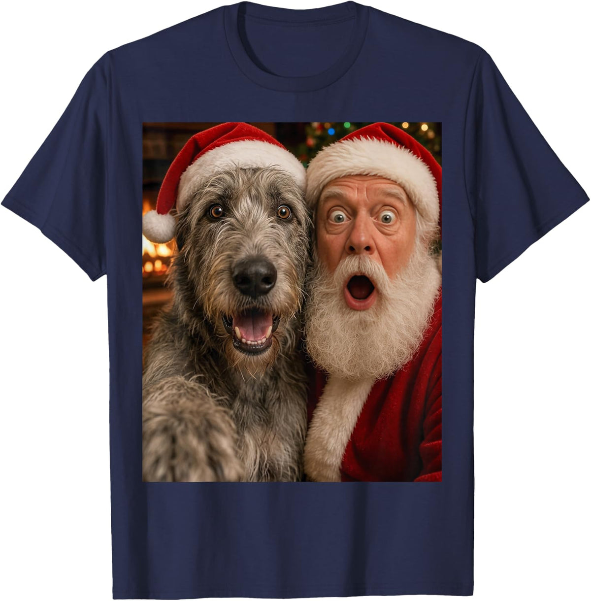 Irish Wolfhound Christmas Selfie with Santa Ugly Funny Dog T-Shirt - Navy Blue