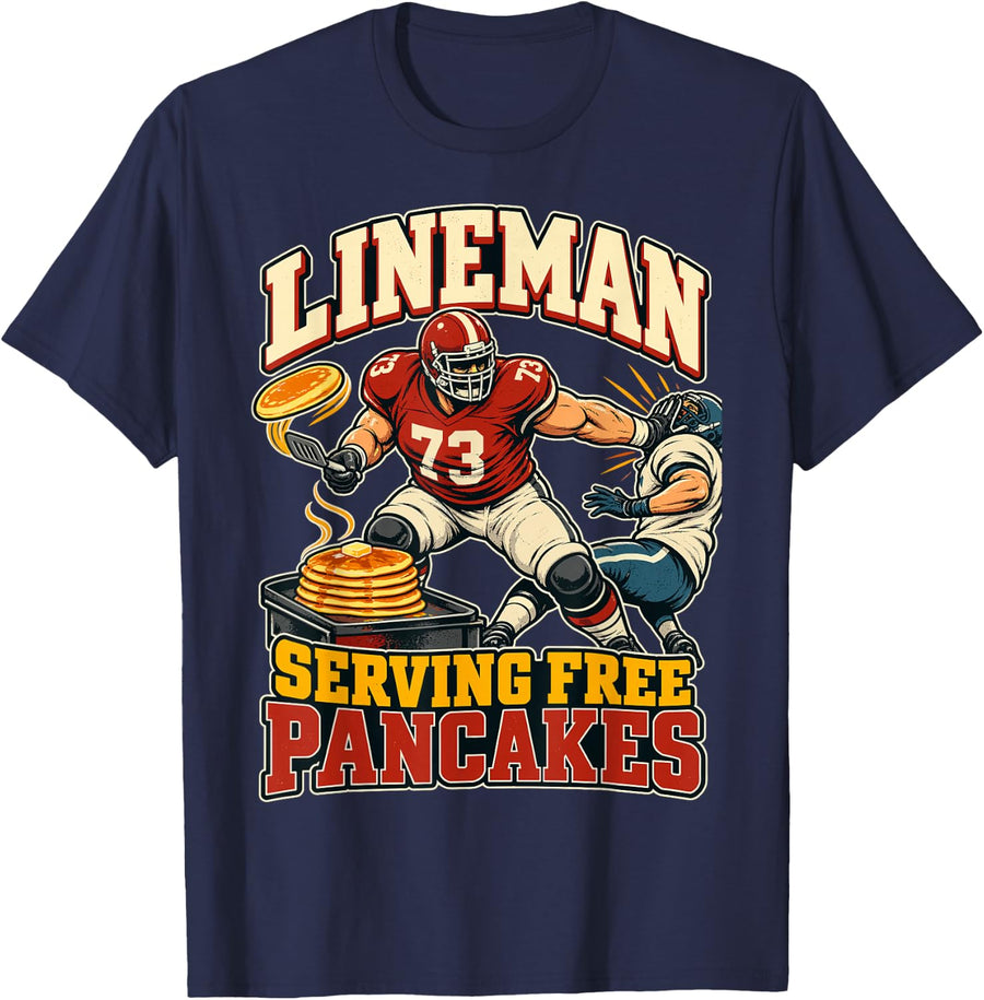 Lineman Serving Free Pancakes Number 73 Football Blocking T-Shirt - Navy Blue