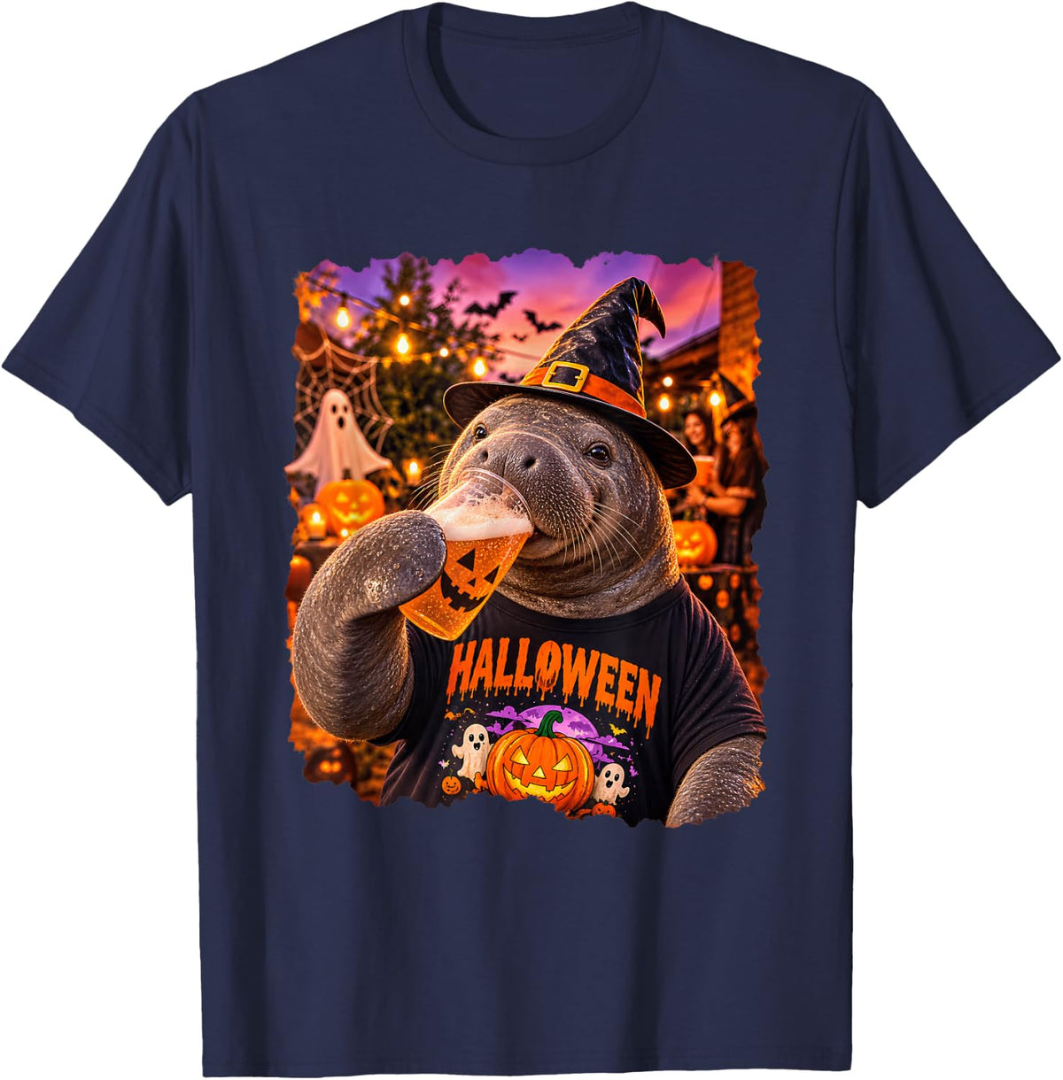 Halloween Witch Manatee Drinking Pumpkin Cup Funny Costume T-Shirt - Navy Blue