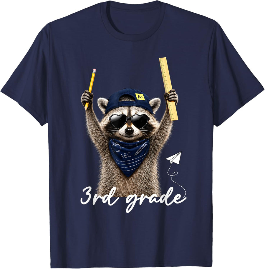 Third 3rd Grade Raccoon First Day of Back to School Teacher T-Shirt - Navy Blue