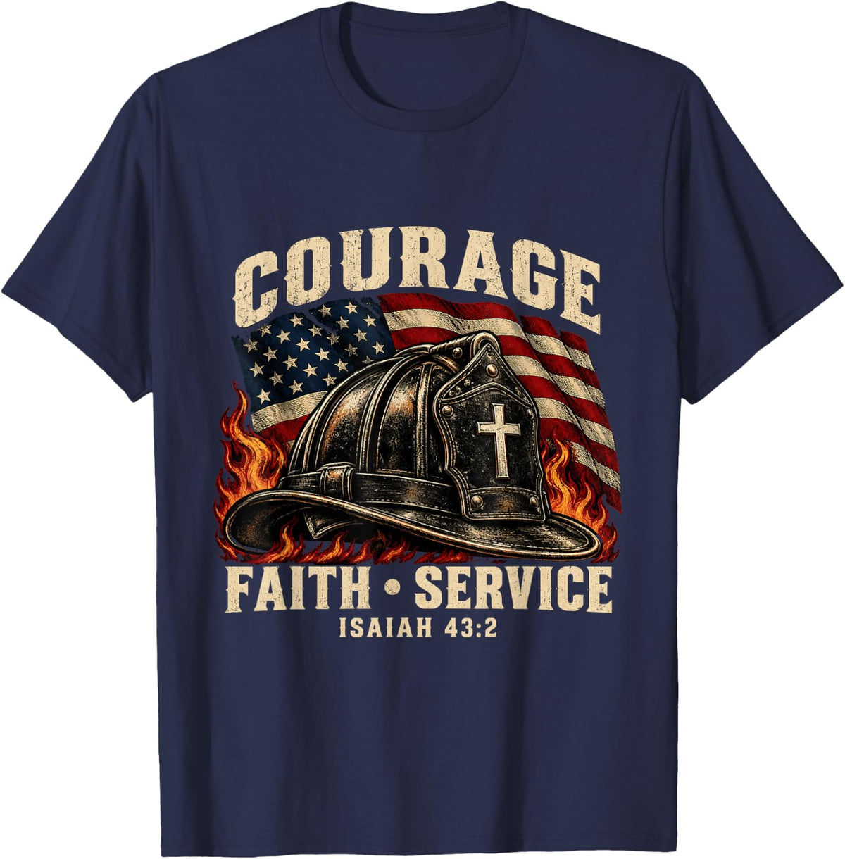Isaiah 43:2 Firefighter Helmet Cross American Flag T-Shirt - Navy Blue