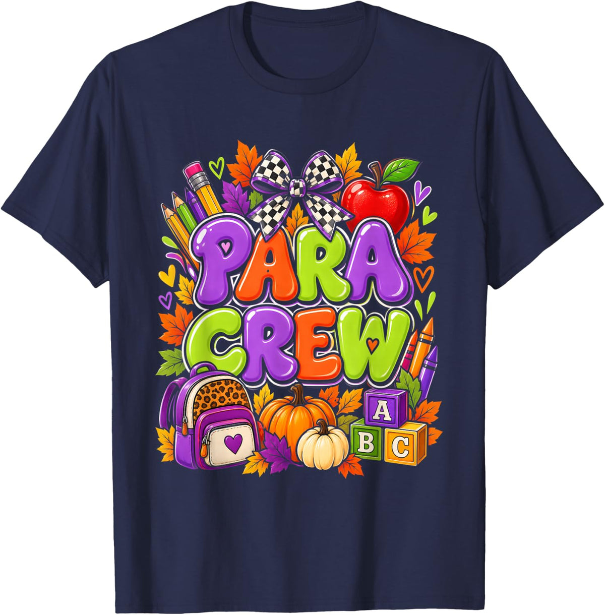 para Crew Fall Paraprofessional Teacher Aide Autumn Schools T-Shirt - Navy Blue