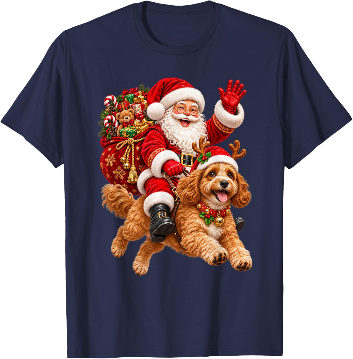 Cavapoo Dog Christmas Hat Santa Riding Pet Dog Xmas T-Shirt - Navy Blue