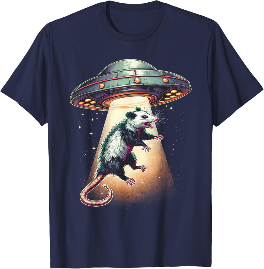 Opossum Funny Alien Abduction UFO Meme Possum Graphic T-Shirt - Navy Blue