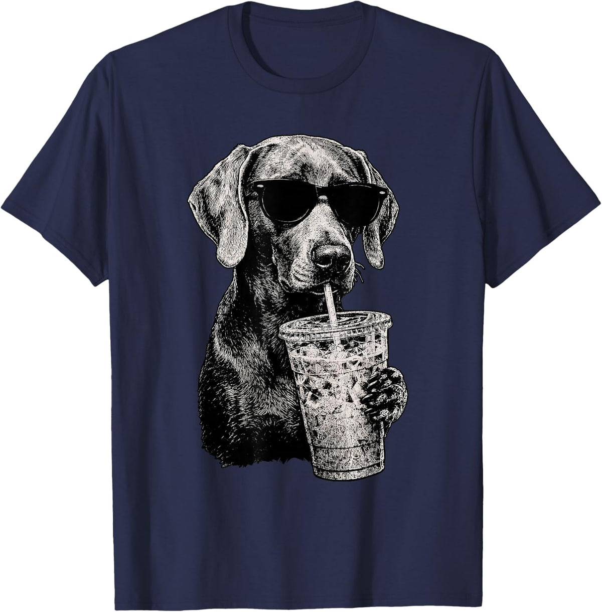 Funny Weimaraner Drinking Iced Coffee Humor T-Shirt - Navy Blue