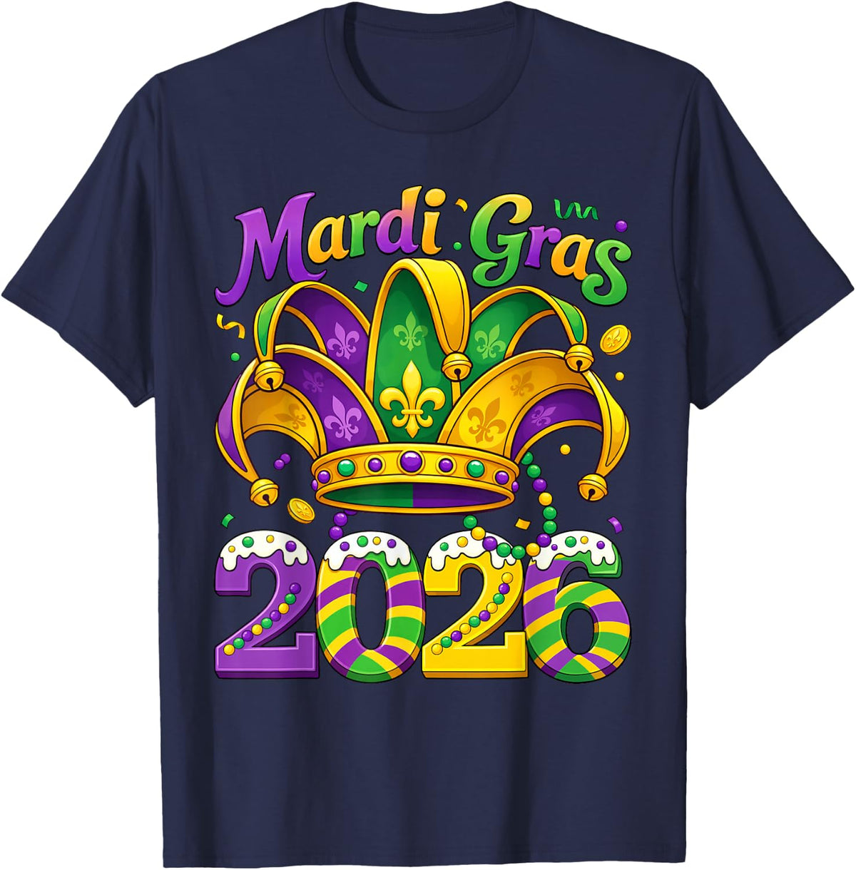 Happy Mardi Gras 2026 Jester Hat New Orleans Men Women Kid T-Shirt - Navy Blue