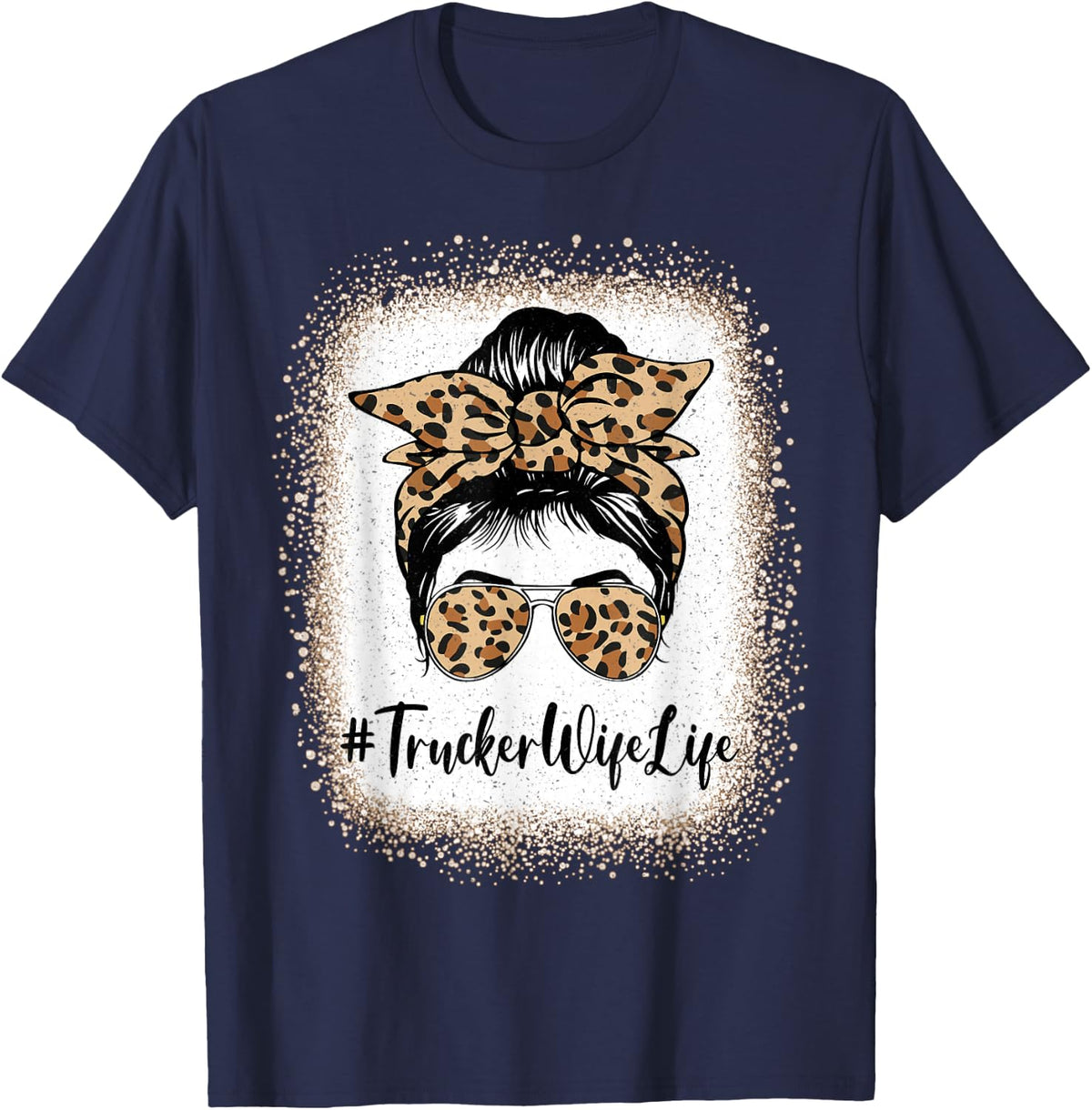 Trucker Wife Life Bleached Leopard Messy Bun Mother's Day T-Shirt - Navy Blue