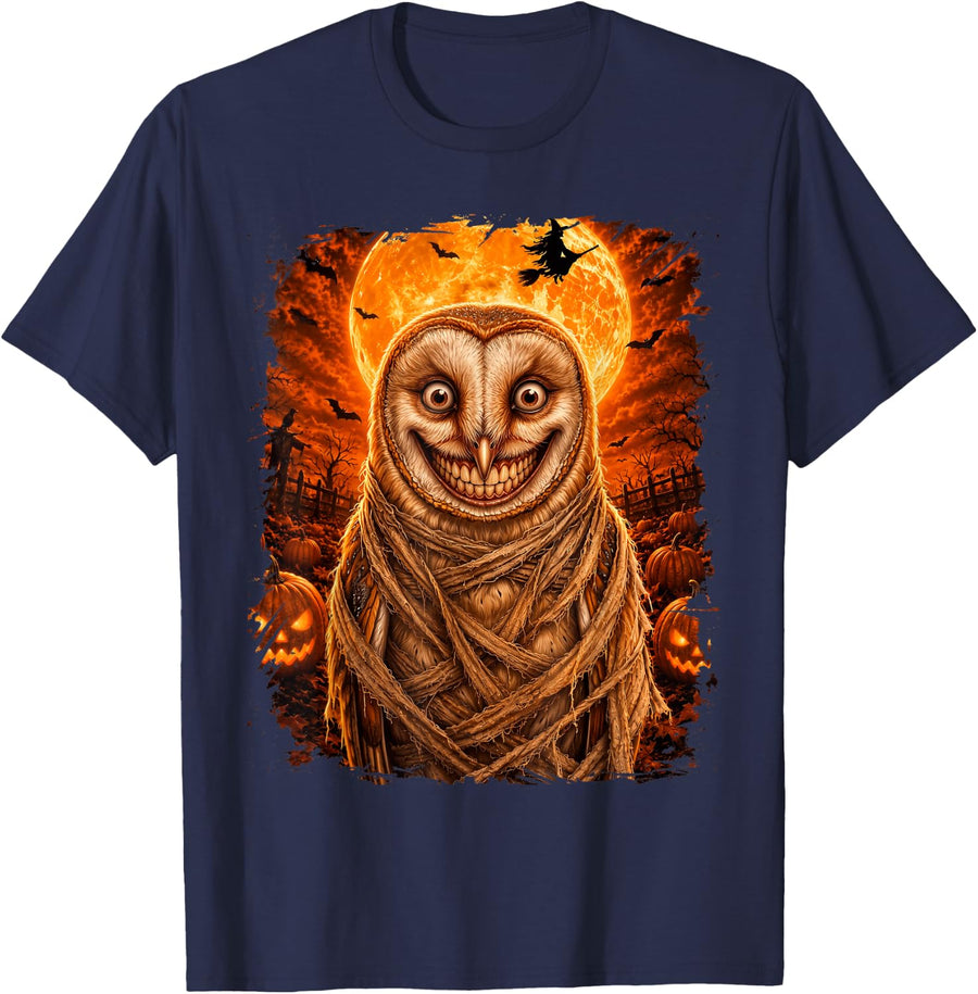 Creepy Barn Owl Halloween Night T-Shirt - Navy Blue