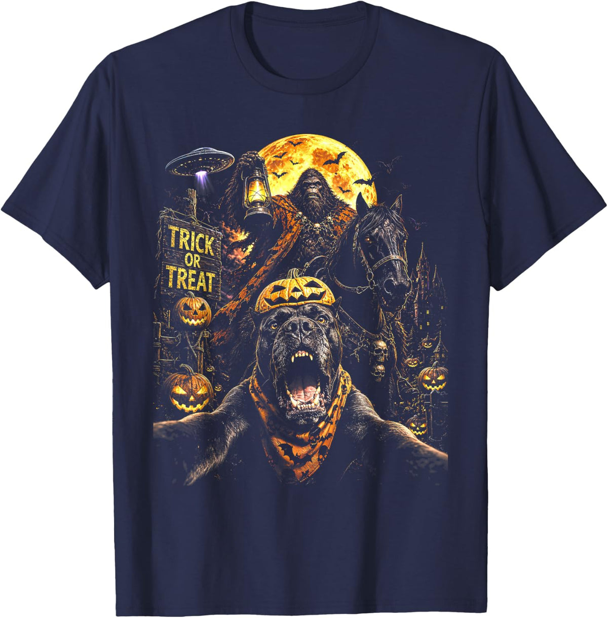 Halloween Cane Corso Bigfoot UFO Trick Or T-Shirt - Navy Blue