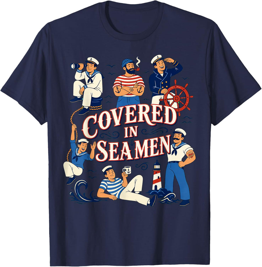 Covered in Seamen Nautical Cartoon Sailors Design T-Shirt - Navy Blue