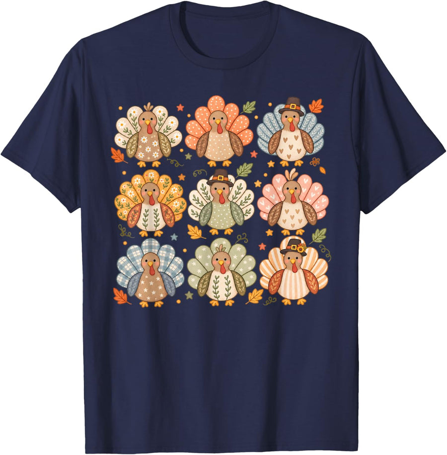 Boho Thanksgiving Turkey Pattern Autumn Floral Fall Leaves T-Shirt - Navy Blue
