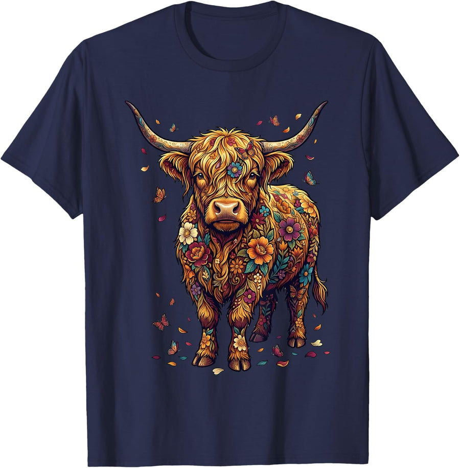 Floral Highland Cow Portrait T-Shirt - Navy Blue