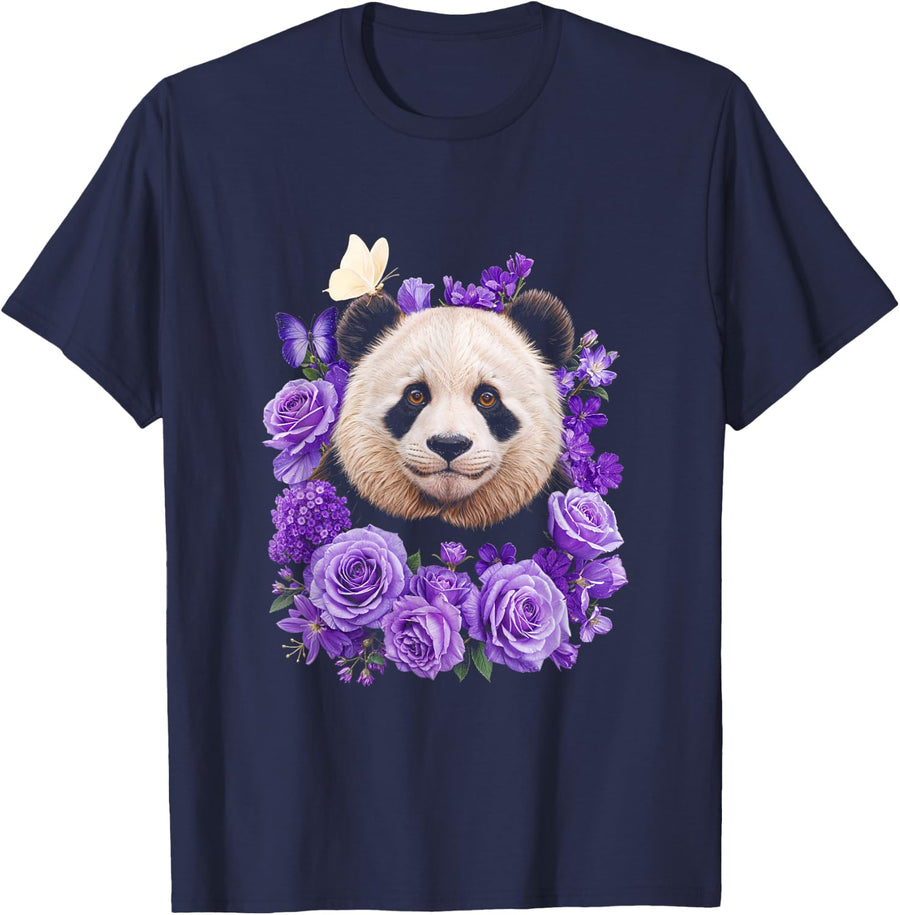 Panda Purple Flowers Animal Lovers T-Shirt - Navy Blue