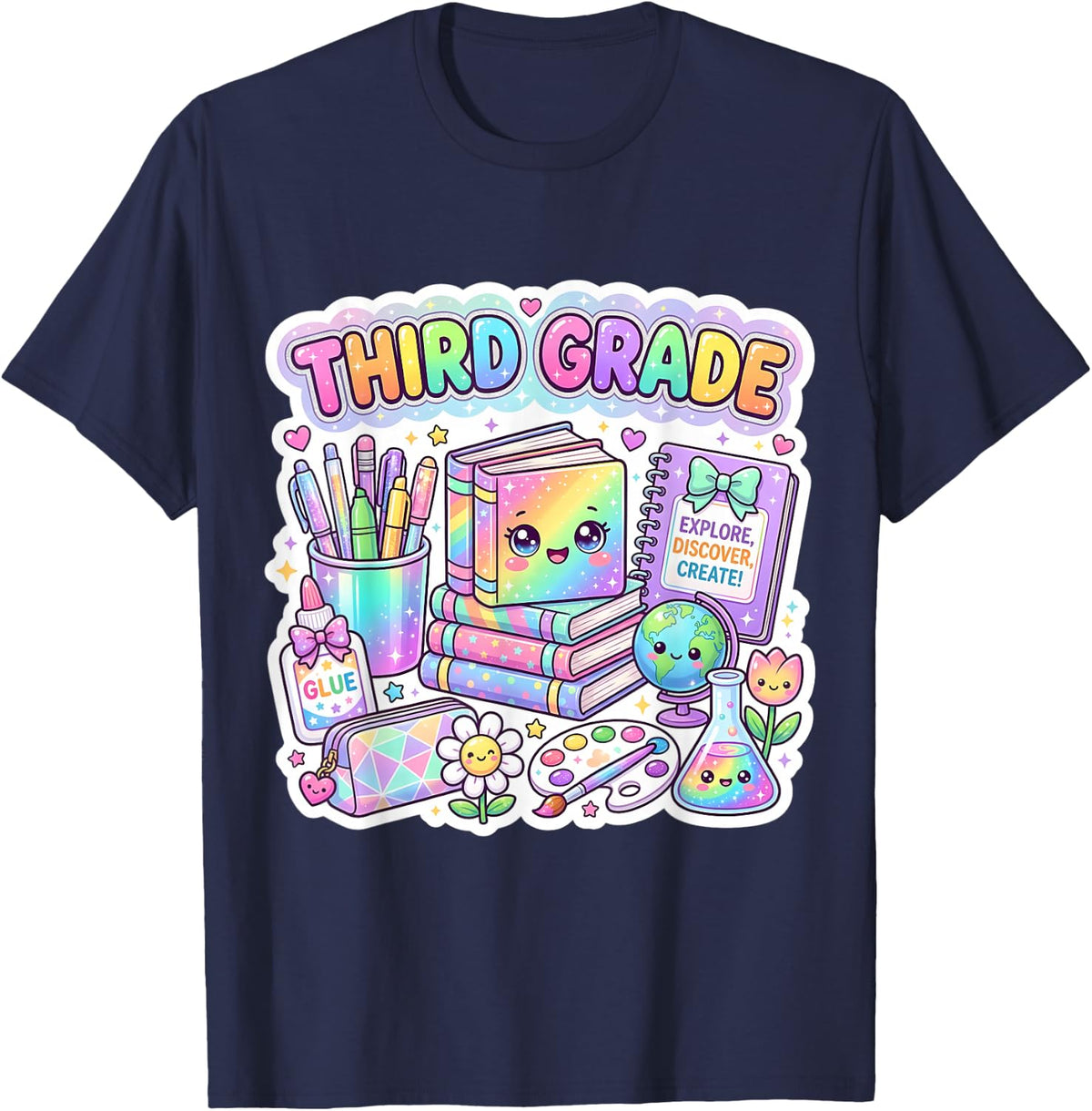 Cute Book 3rd Third Grade Back to School Girl Teacher Class T-Shirt - Navy Blue