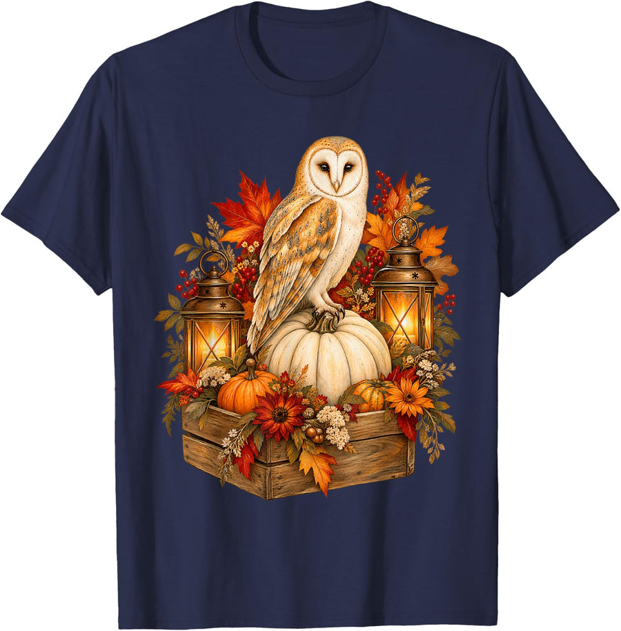 Cottagecore Barn Owl Pumpkin Leaves Trees Fall Autumn Season T-Shirt - Navy Blue