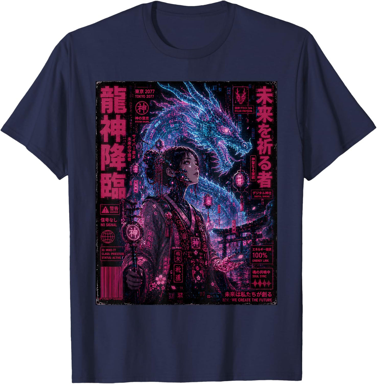 Cyberpunk Girl Dragon Japanese Aesthetic Cyberpunk Style Art T-Shirt - Navy Blue