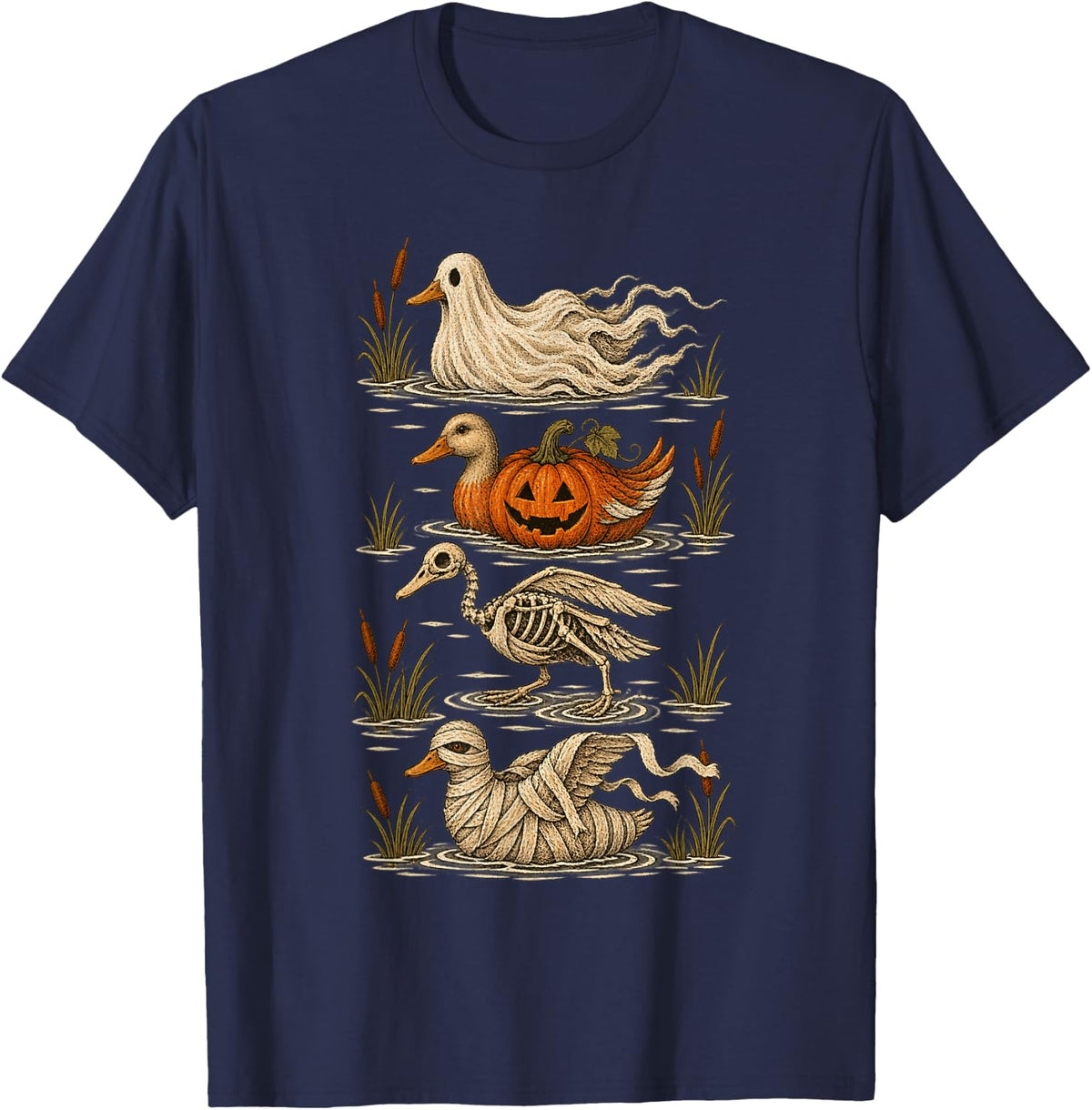 Halloween Duck Hunting Vintage Ghost Skeleton Mallard T-Shirt - Navy Blue