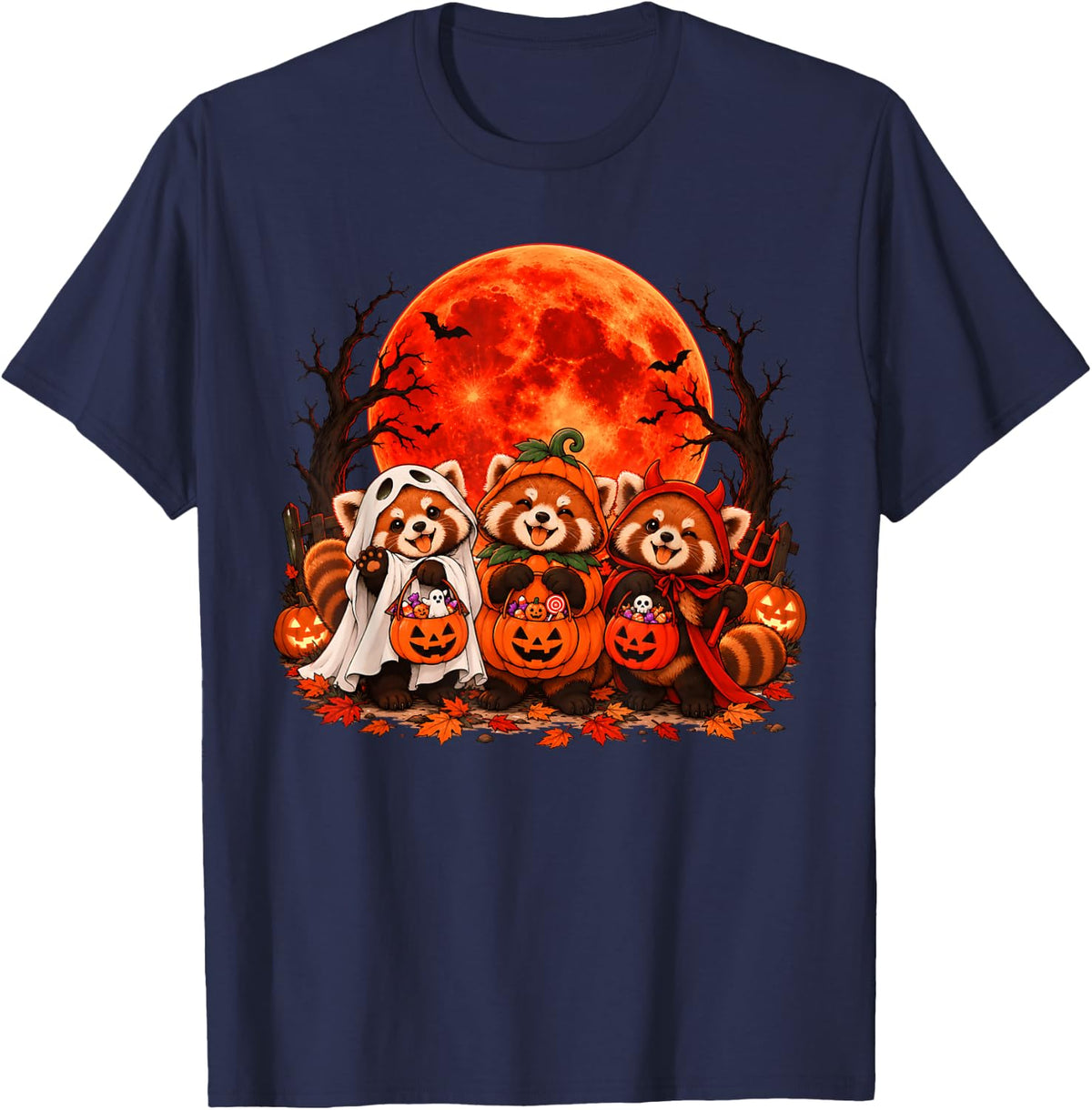 Spooky Halloween Night Red Panda Candy Crew Kid Cute Costume T-Shirt - Navy Blue