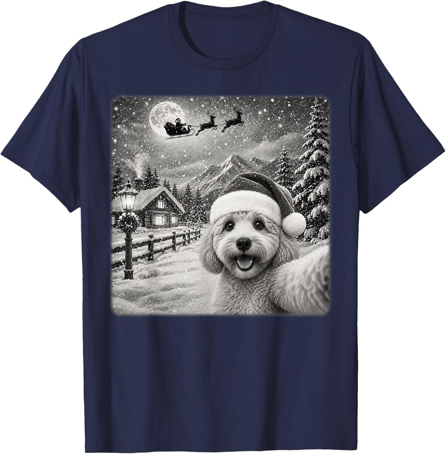 Xmas Moon Night Starry Santa Sleigh Cockapoo Dog Christmas T-Shirt - Navy Blue